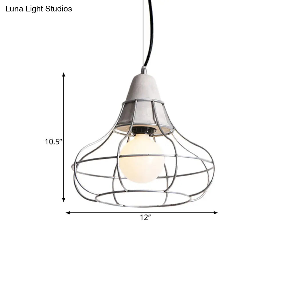 Industrial Silver Cage Pendant Light Fixture for Coffee House, 1 Head Iron, Cement Ceiling Lamp