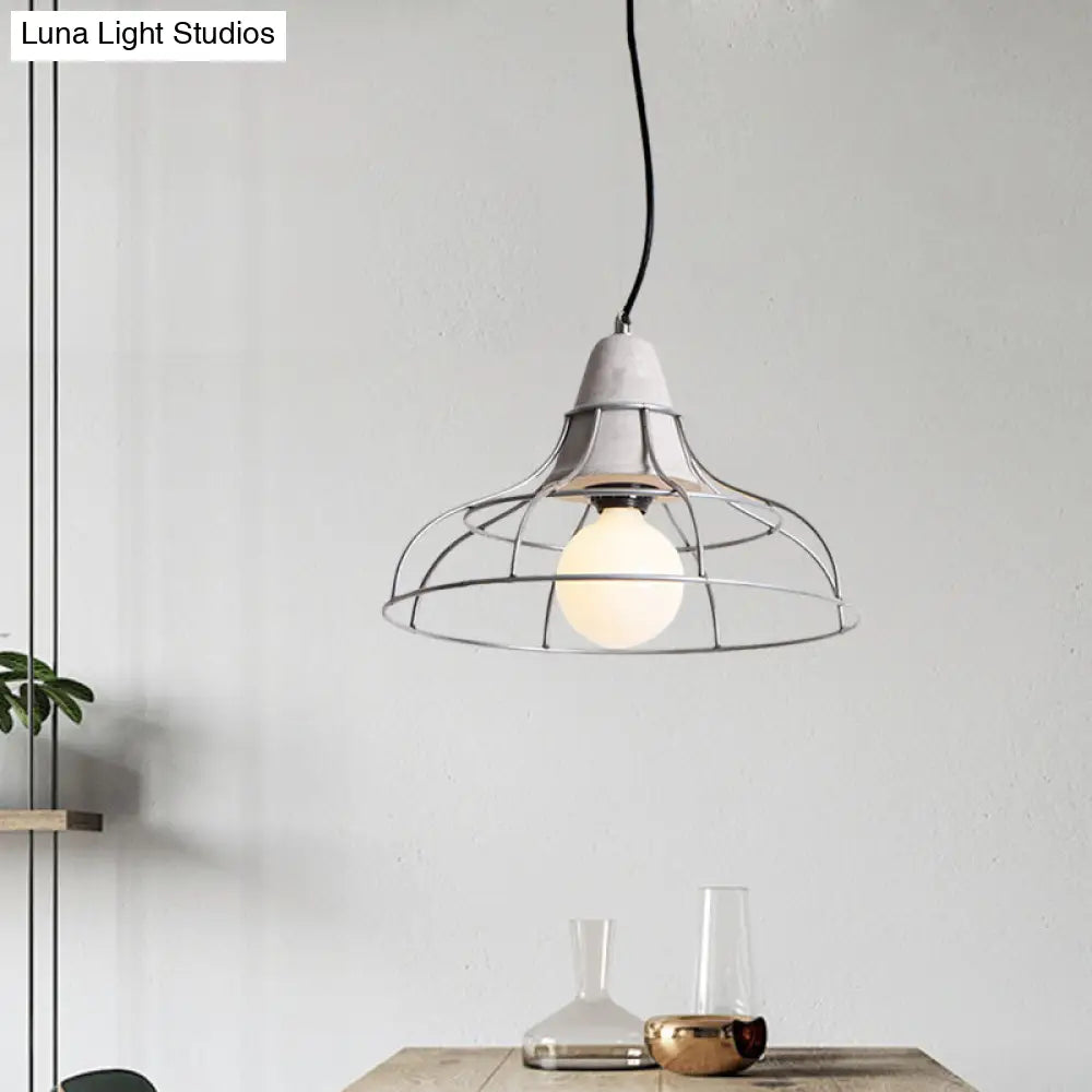 Industrial Silver Cage Pendant Light Fixture for Coffee House, 1 Head Iron, Cement Ceiling Lamp