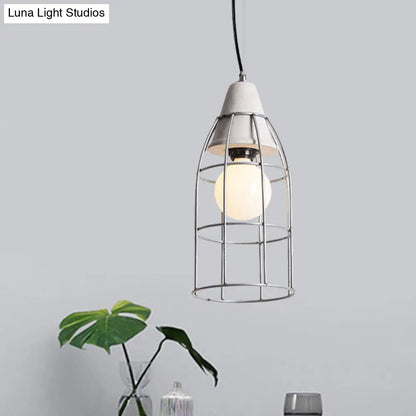 Industrial Silver Cage Pendant Light Fixture for Coffee House, 1 Head Iron, Cement Ceiling Lamp