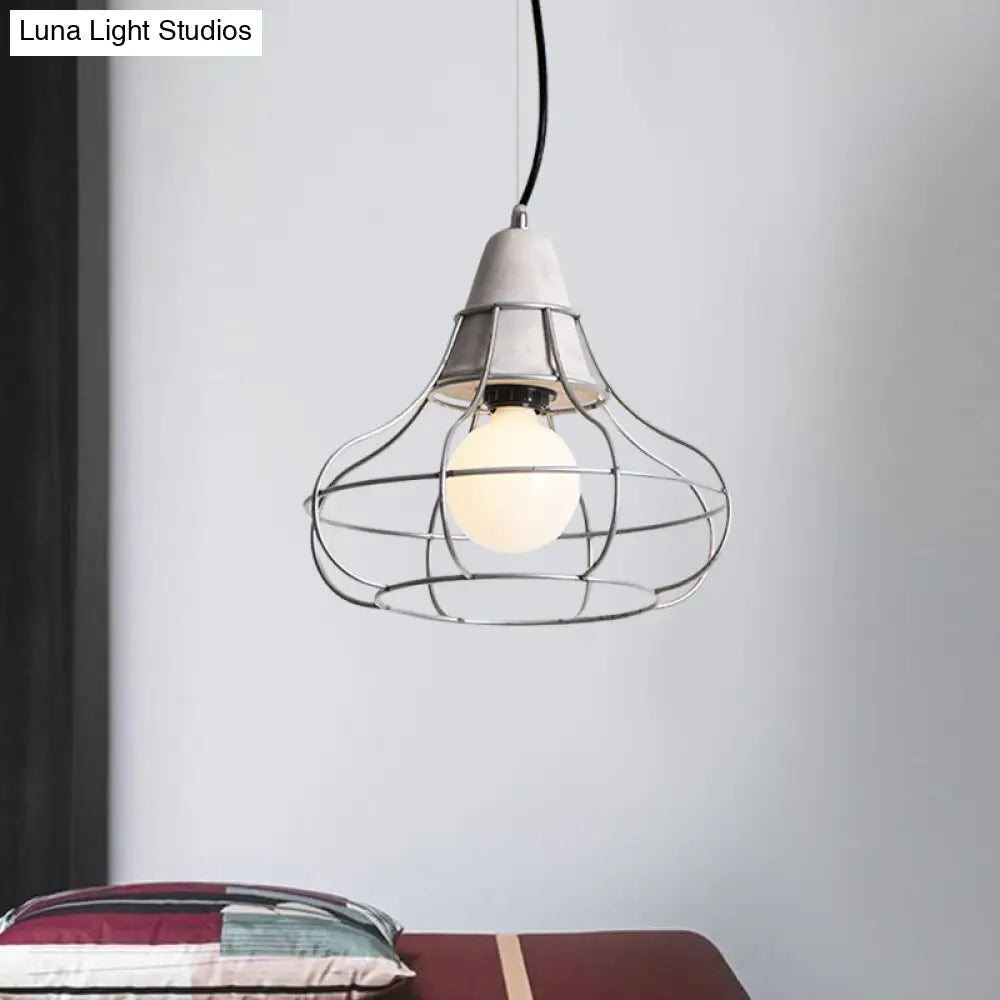 Industrial Silver Cage Pendant Light Fixture for Coffee House, 1 Head Iron, Cement Ceiling Lamp