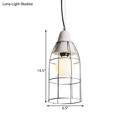 Industrial Silver Cage Pendant Light Fixture for Coffee House, 1 Head Iron, Cement Ceiling Lamp