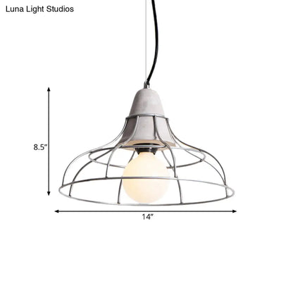 Industrial Silver Cage Pendant Light Fixture for Coffee House, 1 Head Iron, Cement Ceiling Lamp