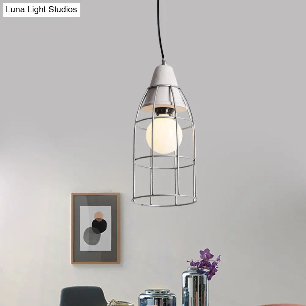 Industrial Silver Cage Pendant Light Fixture for Coffee House, 1 Head Iron, Cement Ceiling Lamp