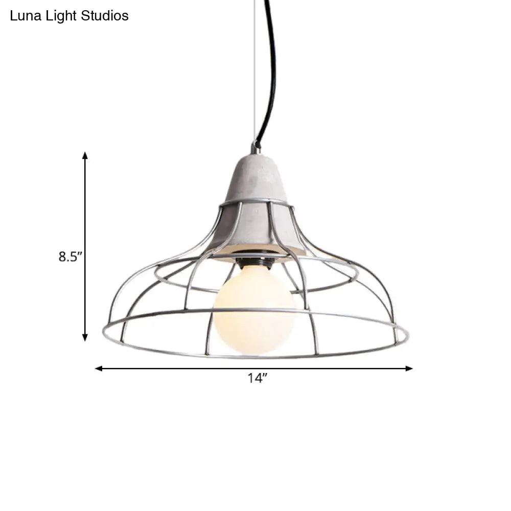 Industrial Silver Cage Pendant Light Fixture for Coffee House, 1 Head Iron, Cement Ceiling Lamp