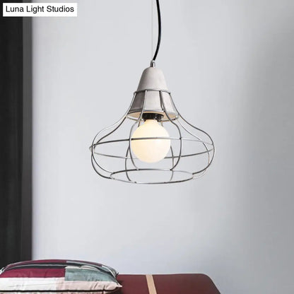 Industrial Silver Cage Pendant Light Fixture for Coffee House, 1 Head Iron, Cement Ceiling Lamp