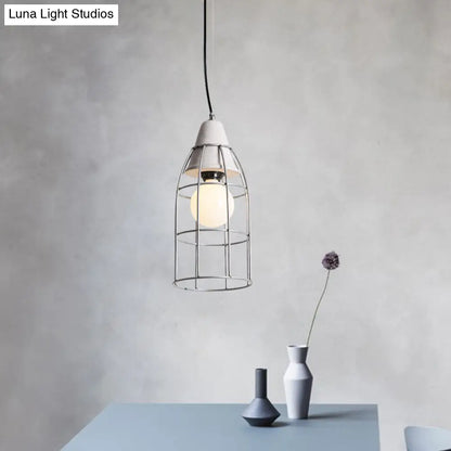 Industrial Silver Cage Pendant Light Fixture for Coffee House, 1 Head Iron, Cement Ceiling Lamp