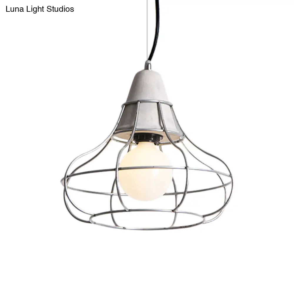 Industrial Silver Cage Pendant Light Fixture for Coffee House, 1 Head Iron, Cement Ceiling Lamp