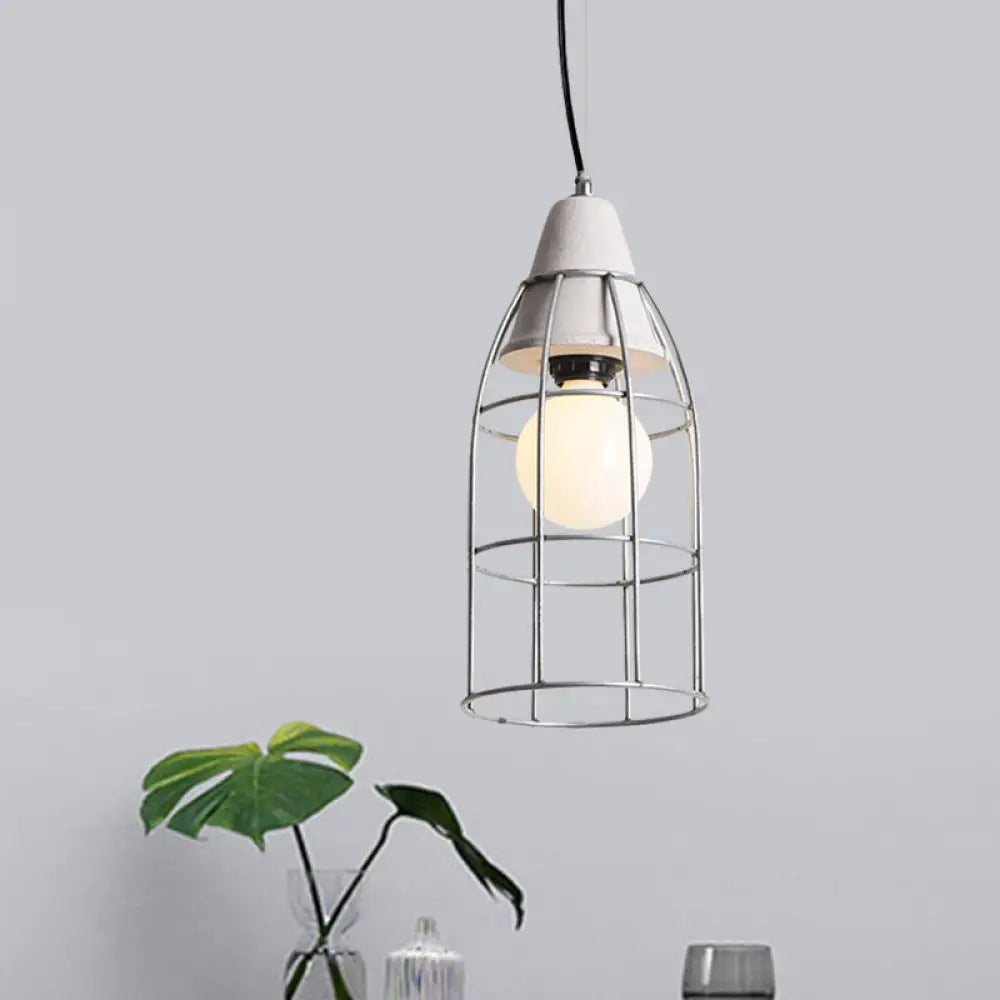 Industrial Silver Cage Pendant Light Fixture for Coffee House, 1 Head Iron, Cement Ceiling Lamp