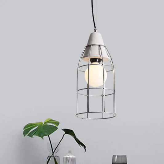 Industrial Silver Cage Pendant Light Fixture for Coffee House, 1 Head Iron, Cement Ceiling Lamp