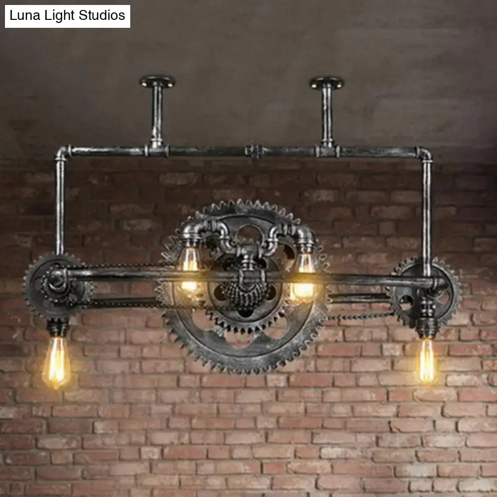Industrial silver gray gear island pendant kitchen led light fixture with dark metallic pipes and exposed edison bulbs 220v-240v 110v-120v