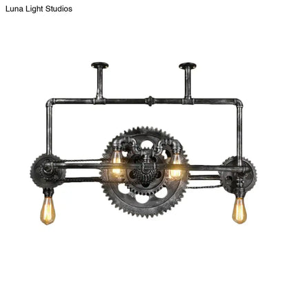 Industrial silver gray gear island pendant kitchen led light with dark rustic metal pipes and three amber filament bulbs 220v-240v