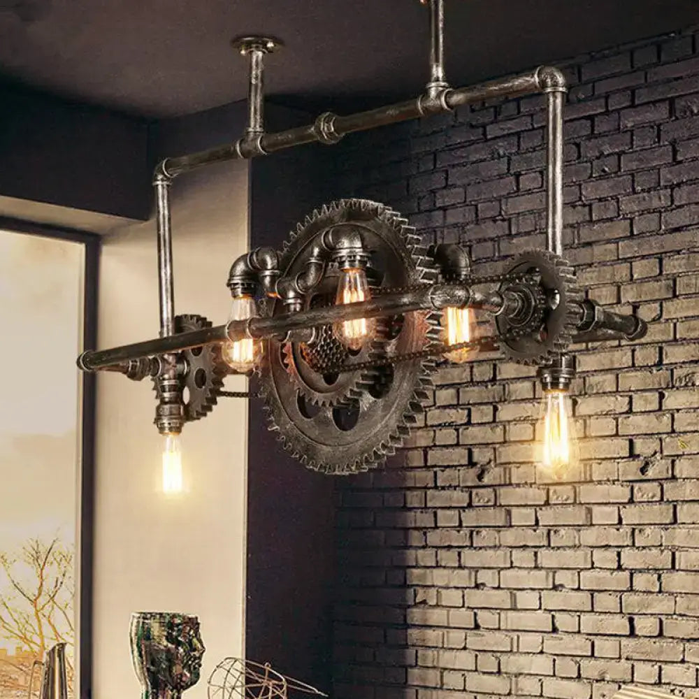 Industrial silver gray gear island pendant kitchen led light with dark metallic pipes and exposed edison bulbs 220v-240v 110v-120v