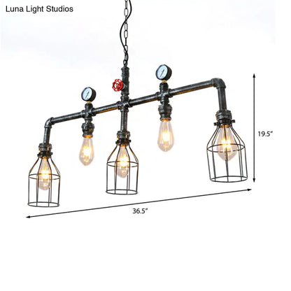 DecorBites™ Industrial Silver Island Lighting with 5 Bulbs, Metallic Caged Hanging Lamp, Pipe, and Pressure Gauge