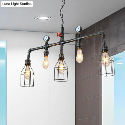 DecorBites™ Industrial Silver Island Lighting with 5 Bulbs, Metallic Caged Hanging Lamp, Pipe, and Pressure Gauge