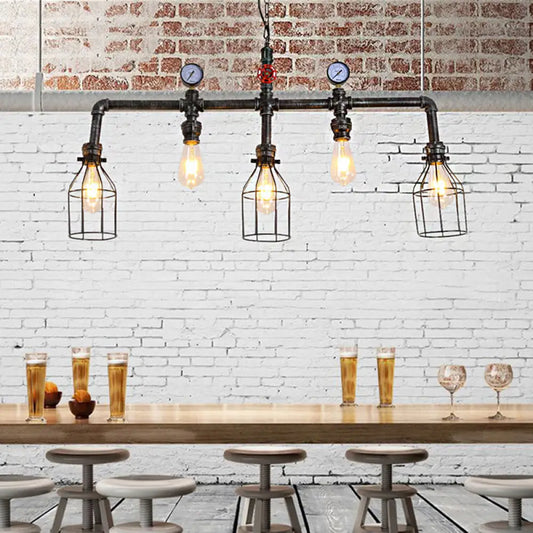 DecorBites™ Industrial Silver Island Lighting with 5 Bulbs, Metallic Caged Hanging Lamp, Pipe, and Pressure Gauge