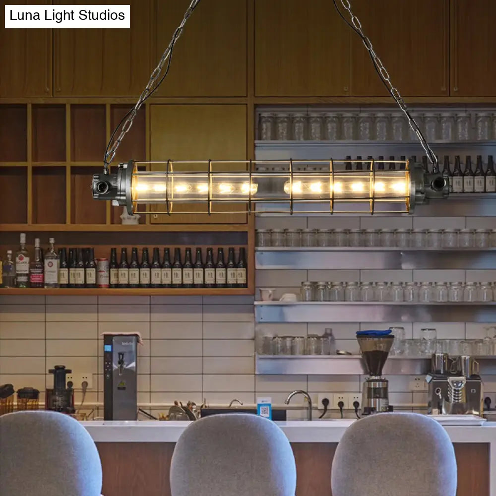 DecorBites™ Industrial Silver Metal Pendant Light with LED, Clear Glass Shade - Cylindrical Wire Cage Design