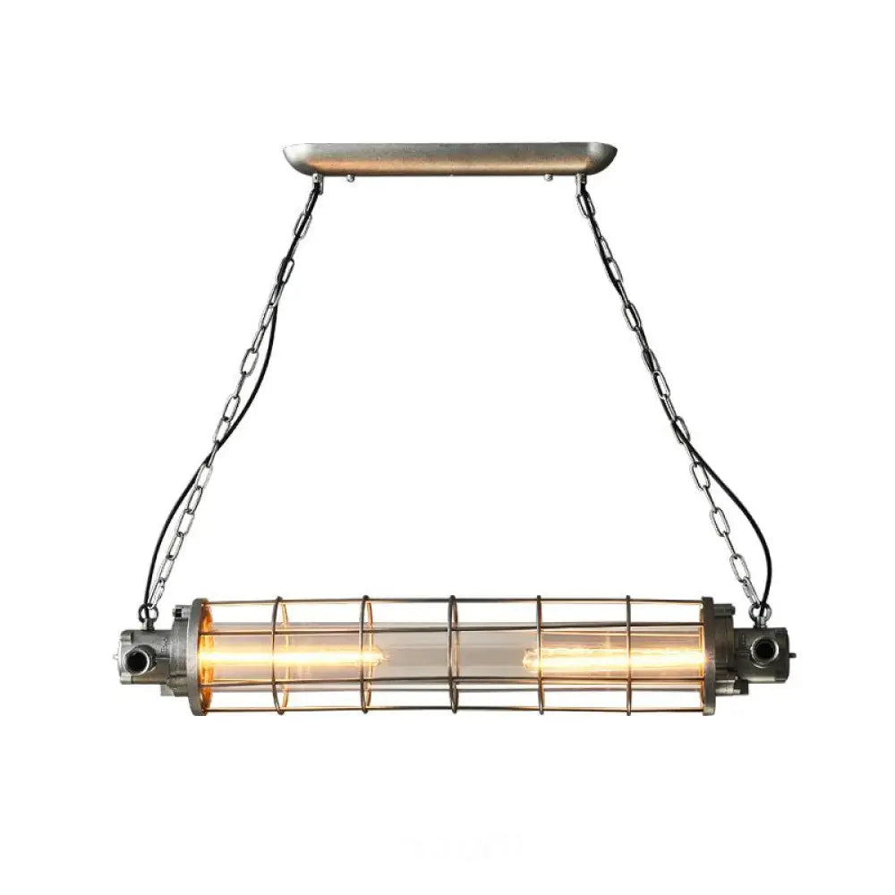 DecorBites™ Industrial Silver Metal Pendant Light with LED, Clear Glass Shade - Cylindrical Wire Cage Design