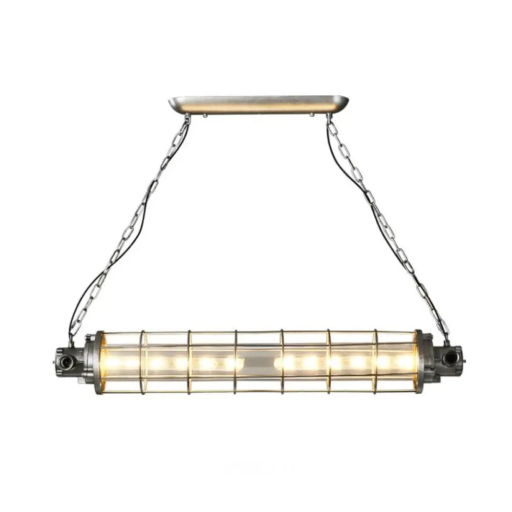 DecorBites™ Industrial Silver Metal Pendant Light with LED, Clear Glass Shade - Cylindrical Wire Cage Design