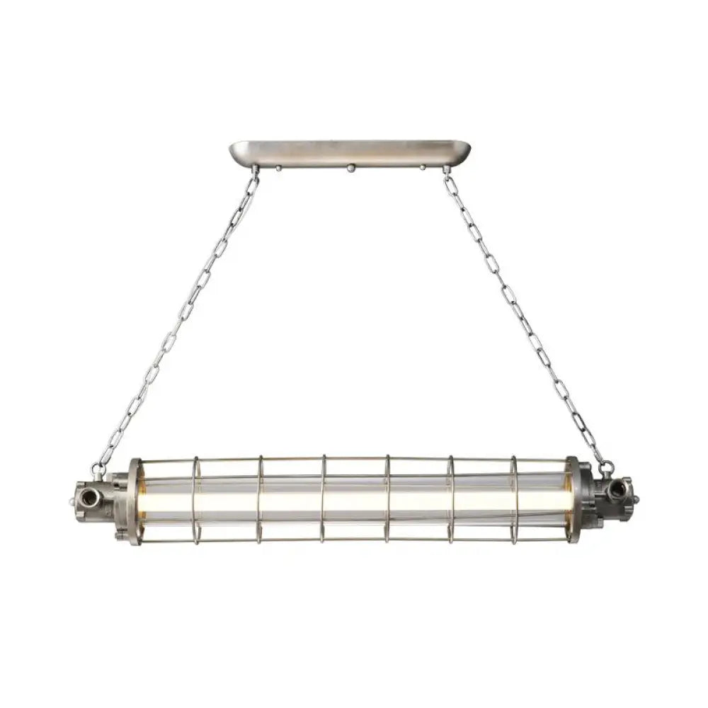 DecorBites™ Industrial Silver Metal Pendant Light with LED, Clear Glass Shade - Cylindrical Wire Cage Design