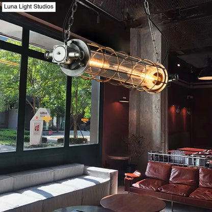 DecorBites™ Industrial Silver Metal Pendant Light with LED, Clear Glass Shade - Cylindrical Wire Cage Design
