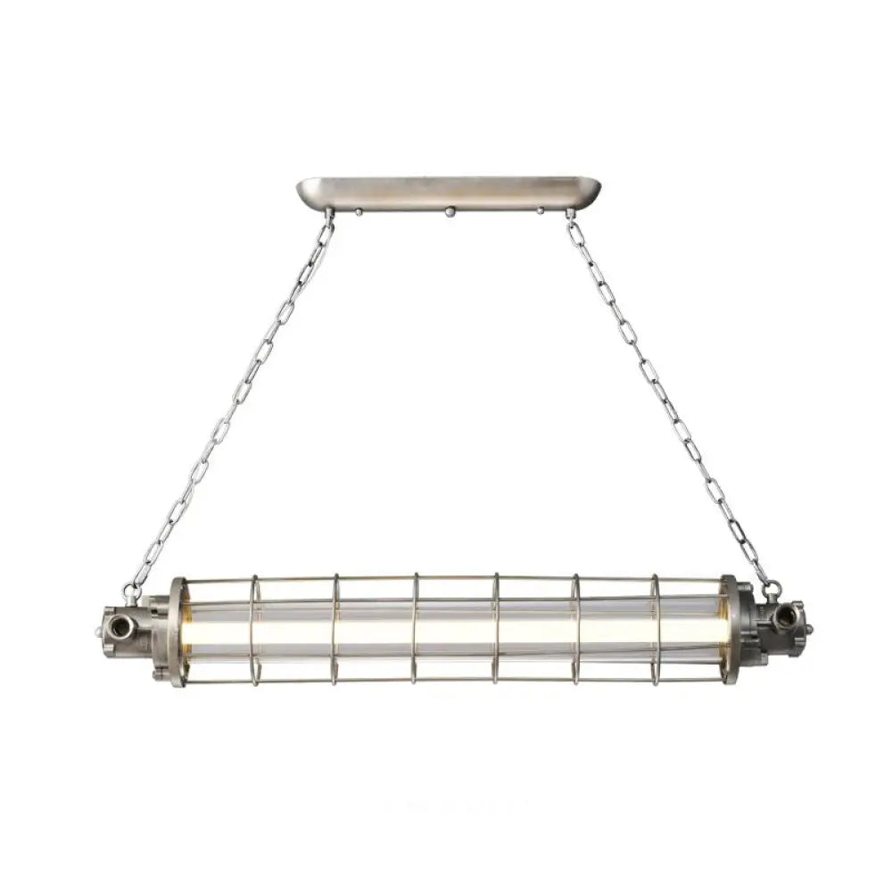DecorBites™ Industrial Silver Metal Pendant Light with LED, Clear Glass Shade - Cylindrical Wire Cage Design