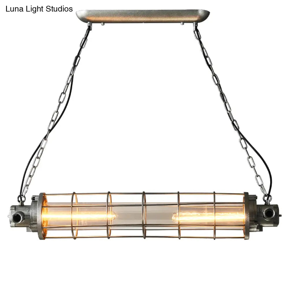 DecorBites™ Industrial Silver Metal Pendant Light with LED, Clear Glass Shade - Cylindrical Wire Cage Design
