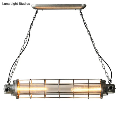 DecorBites™ Industrial Silver Metal Pendant Light with LED, Clear Glass Shade - Cylindrical Wire Cage Design