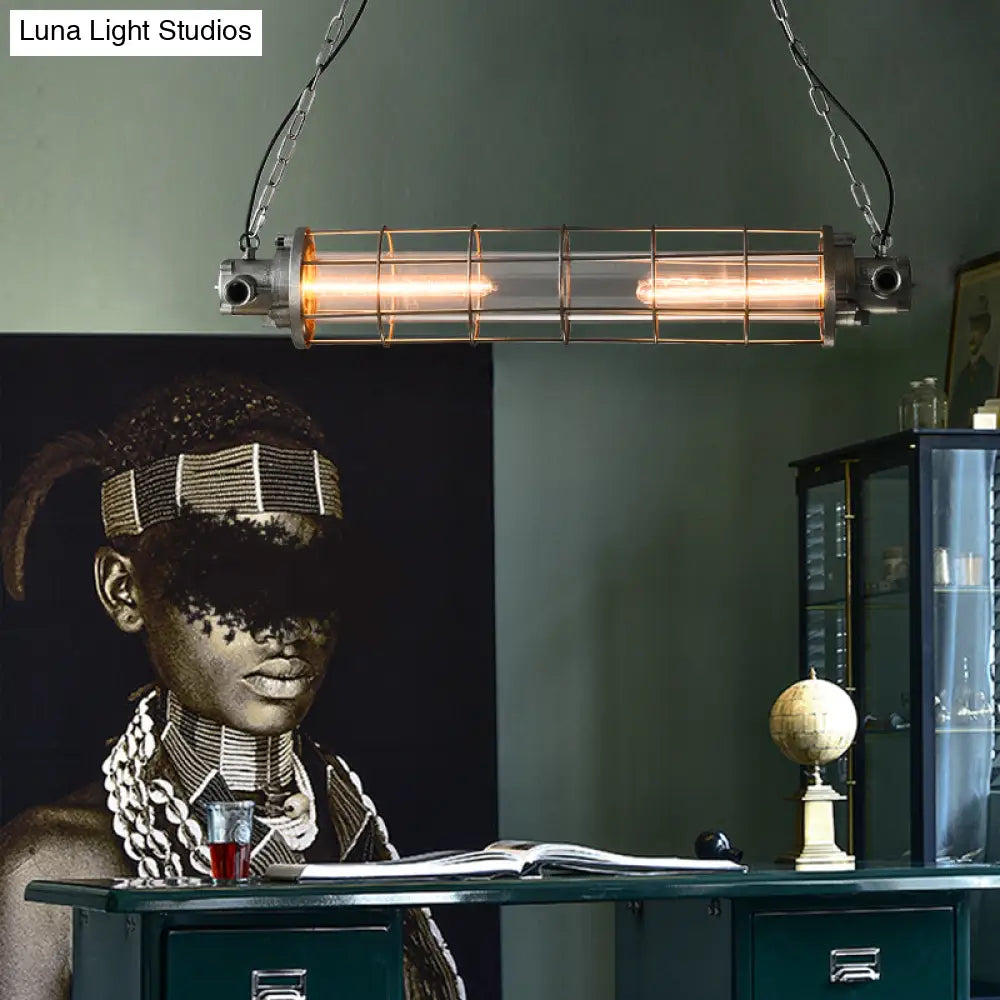 DecorBites™ Industrial Silver Metal Pendant Light with LED, Clear Glass Shade - Cylindrical Wire Cage Design