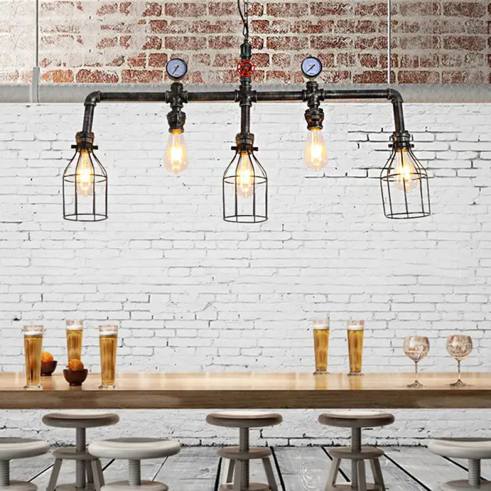 DecorBites™ industrial black pipe hanging lamp with four exposed bulbs, metallic caged design, and pressure gauge accents