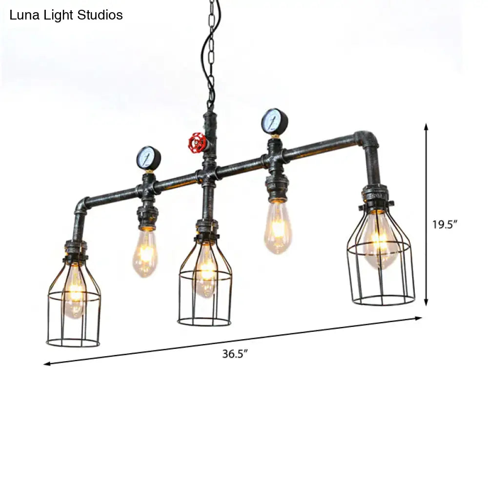Decorbites industrial silver island hanging lamp with five metallic caged bulbs and pressure gauges