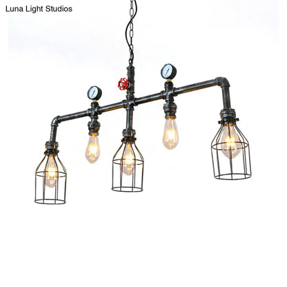 DecorBites industrial silver hanging lamp with five metallic cages, black pipes, pressure gauges, and filament bulbs
