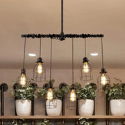 Decorbites aged silver industrial cage iron pendant light with five exposed filament bulbs and double pipe rod
