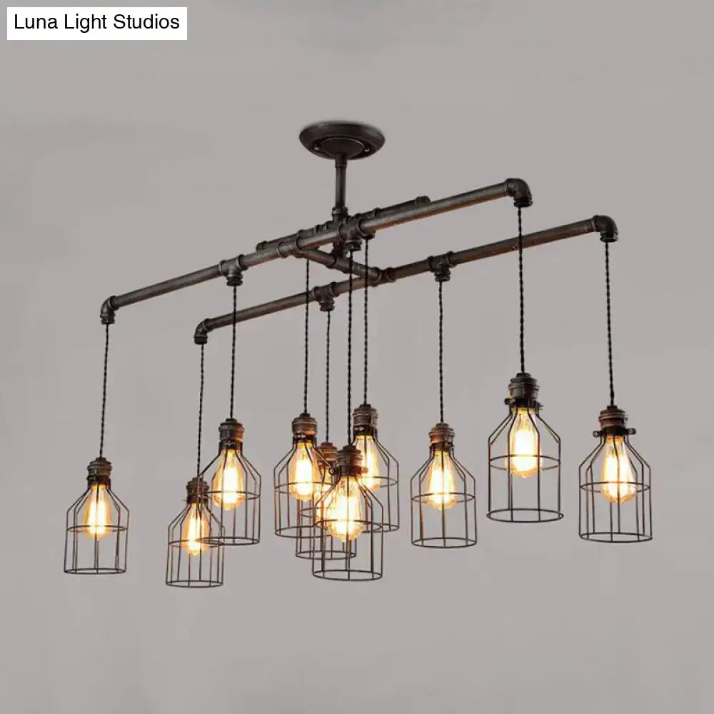 DecorBites aged silver industrial cage iron pendant light with double pipe rod and glowing filament bulbs 220v-240v 110v-120v