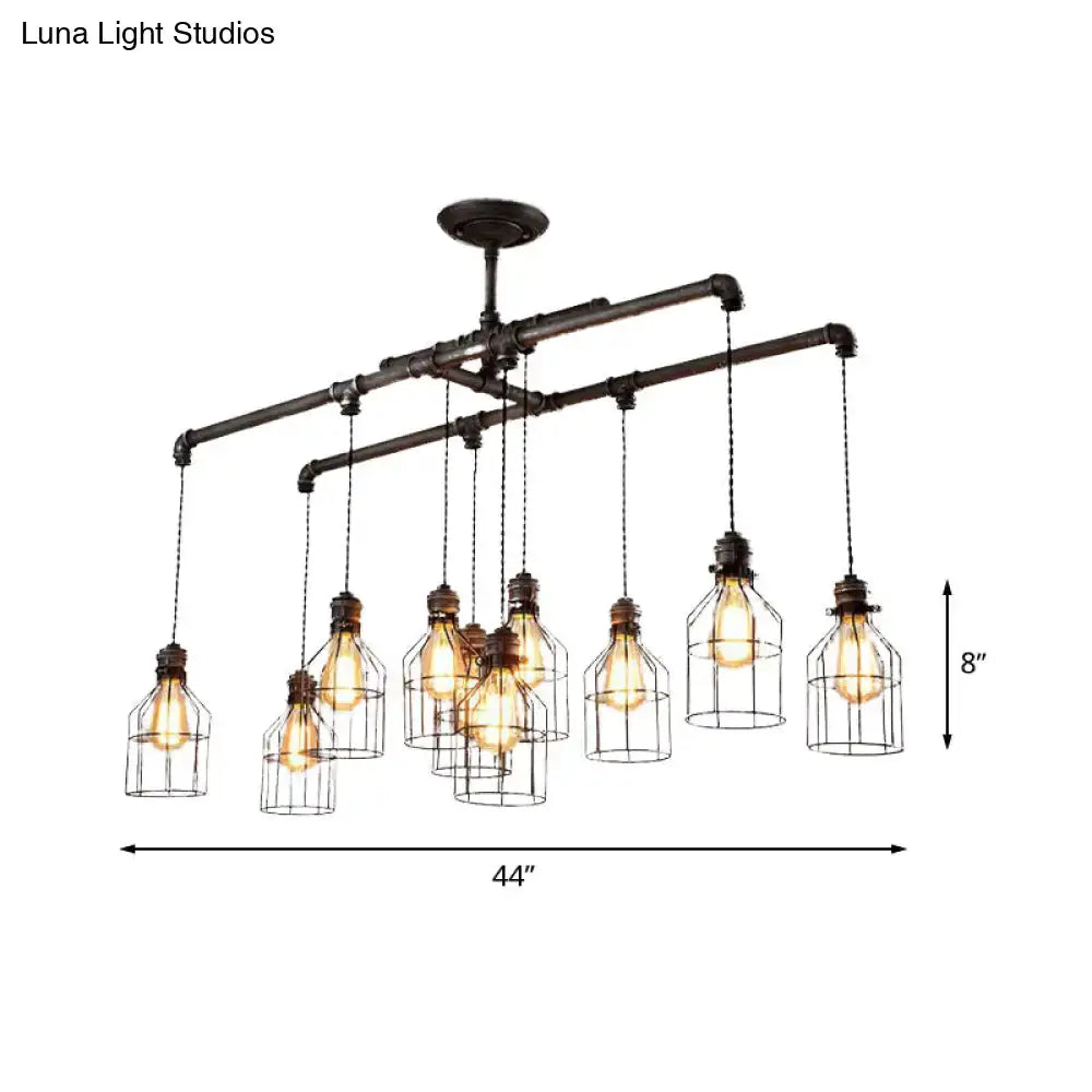 Decorbites aged silver industrial cage iron pendant light with double pipe rod and filament bulbs for island lighting