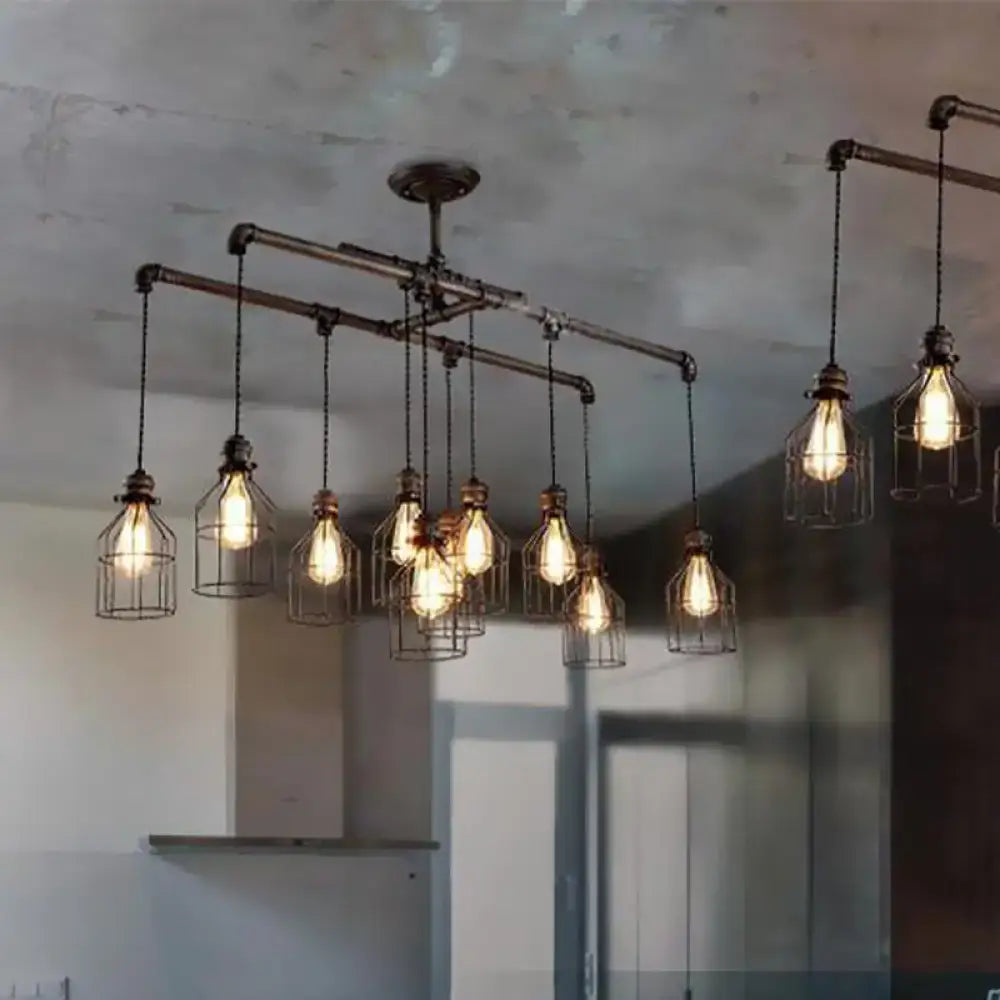 Decorbites aged silver industrial cage iron pendant light with double pipe rod and exposed filament bulbs 220v-240v 110v-120v