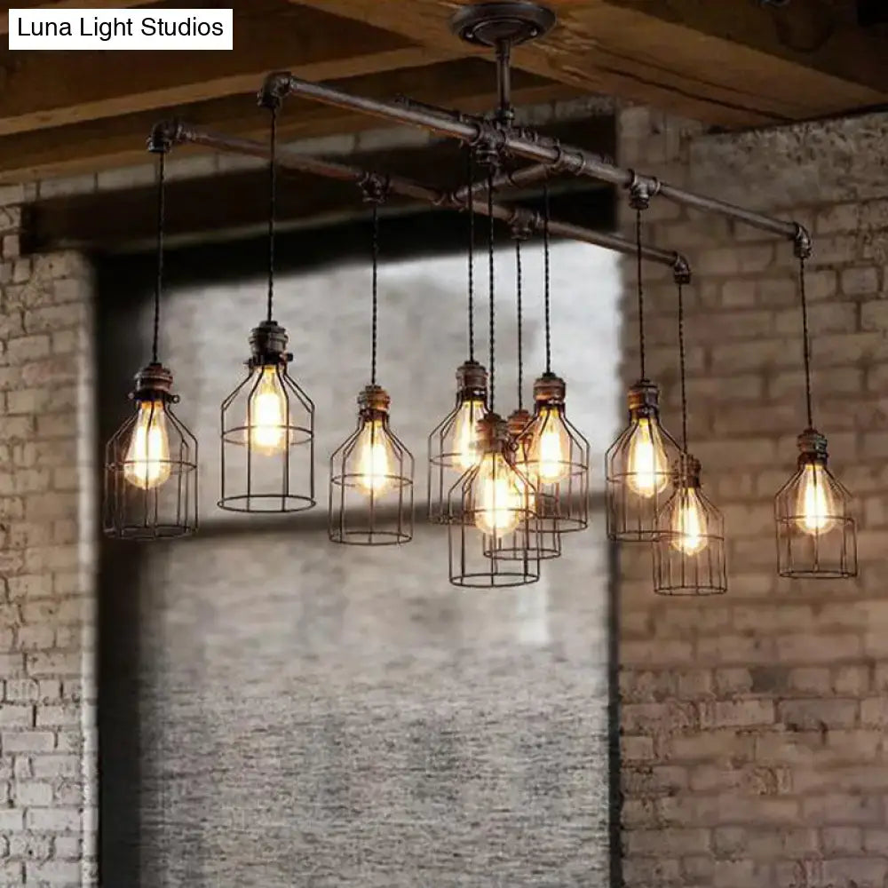Industrial cage iron pendant light with aged silver finish 6 bulbs suspended from double pipe rod frame, 220v-240v 110v-120v