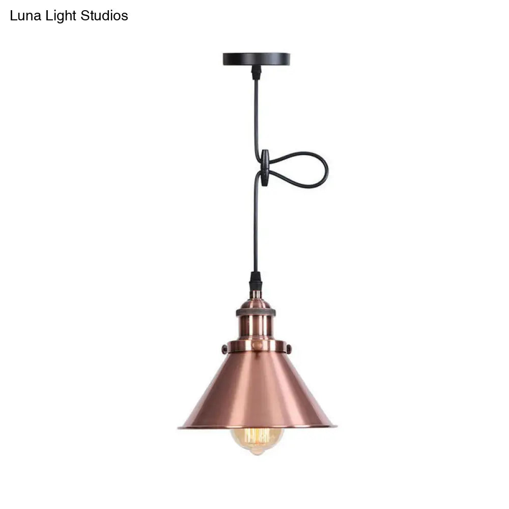 Industrial Single-Bulb Cone Pendant Light in Black/Copper/Rust with Rolled Trim and Cord Grip