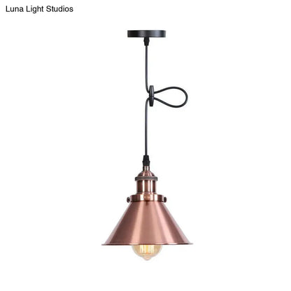 Industrial Single-Bulb Cone Pendant Light in Black/Copper/Rust with Rolled Trim and Cord Grip