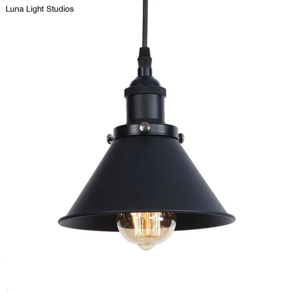 Industrial Single-Bulb Cone Pendant Light in Black/Copper/Rust with Rolled Trim and Cord Grip