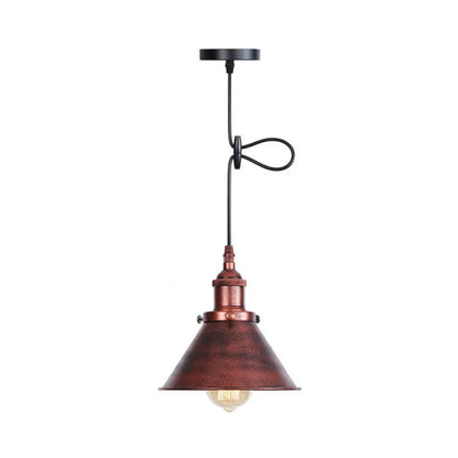 Industrial Single-Bulb Cone Pendant Light in Black/Copper/Rust with Rolled Trim and Cord Grip