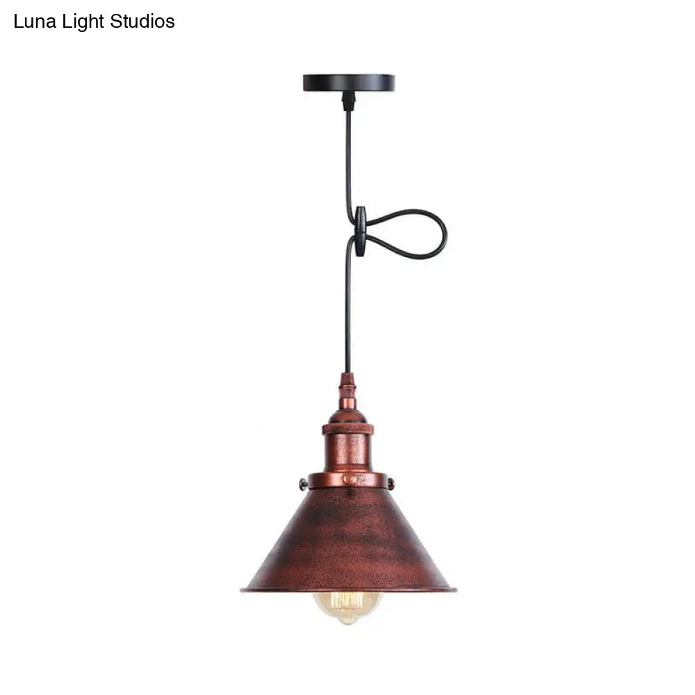 Industrial Single-Bulb Cone Pendant Light in Black/Copper/Rust with Rolled Trim and Cord Grip