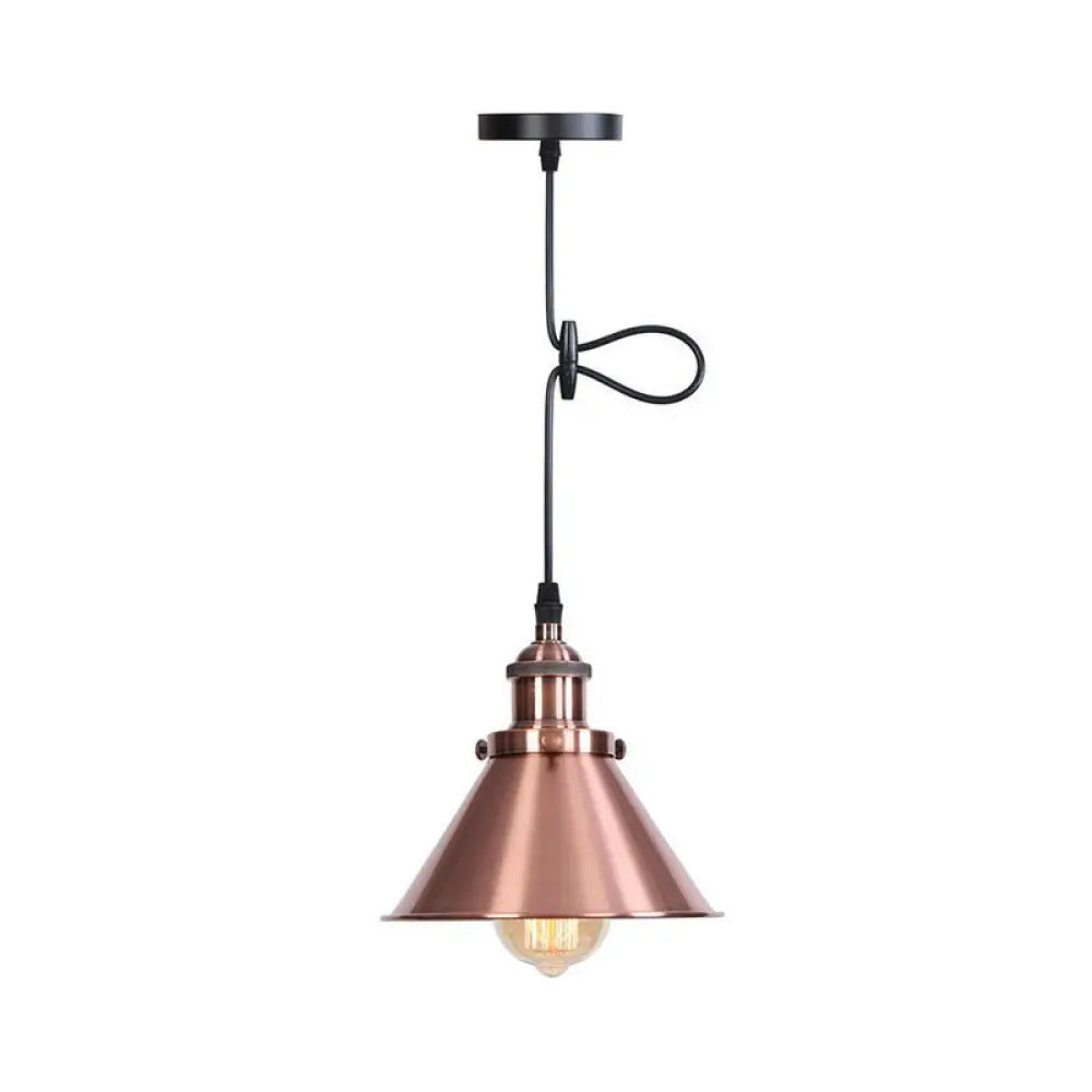 Industrial Single-Bulb Cone Pendant Light in Black/Copper/Rust with Rolled Trim and Cord Grip