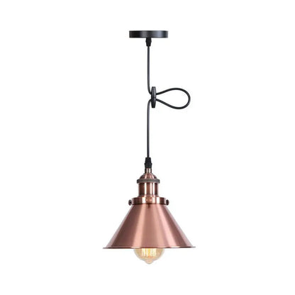 Industrial Single-Bulb Cone Pendant Light in Black/Copper/Rust with Rolled Trim and Cord Grip