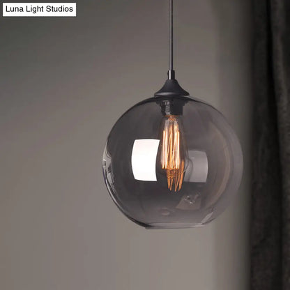 Industrial Single Light Globe Pendant - Clear Glass Hanging Lamp in Grey/Brown (8"/10"/12" Wide)