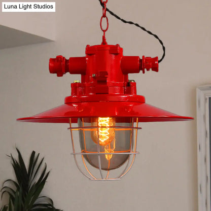 Industrial Single-Light Hanging Ceiling Pendant with Clear Glass Cone Shade in White/Red/Rust Tones