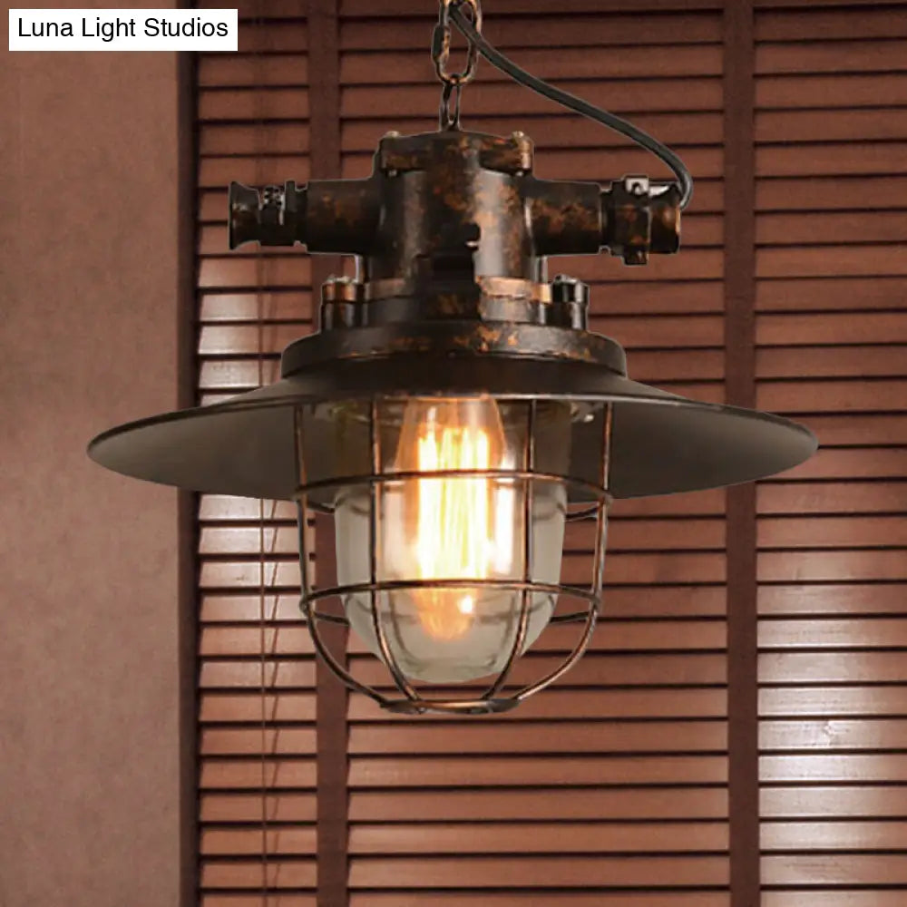 Industrial Single-Light Hanging Ceiling Pendant with Clear Glass Cone Shade in White/Red/Rust Tones