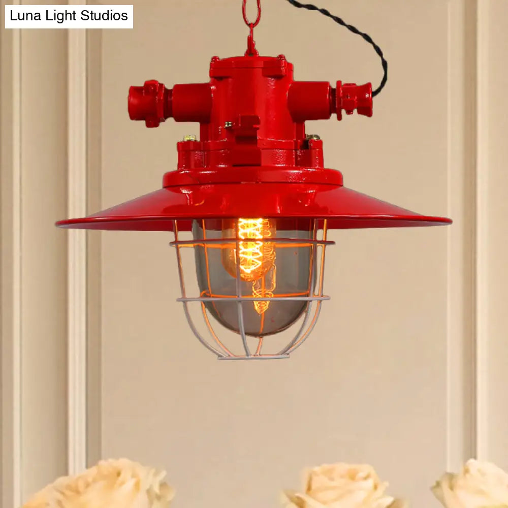 Industrial Single-Light Hanging Ceiling Pendant with Clear Glass Cone Shade in White/Red/Rust Tones