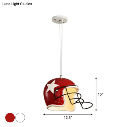 Industrial Soccer Helmet Pendant Light in Red/White for Restaurants