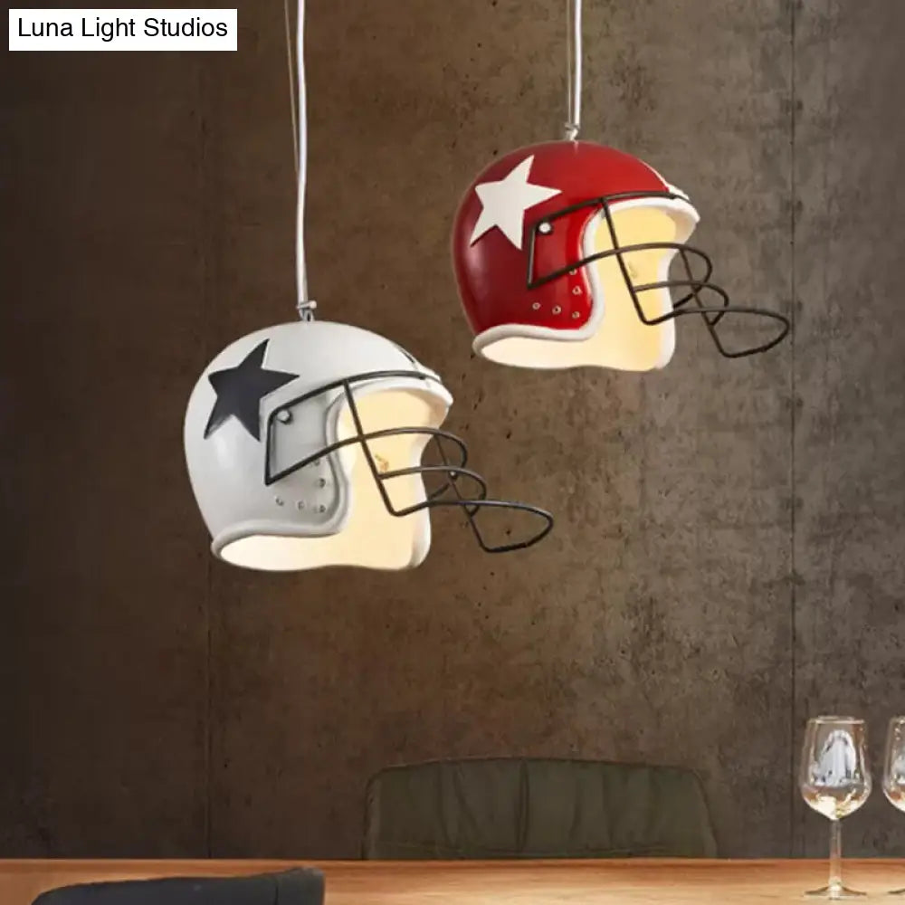 Industrial Soccer Helmet Pendant Light in Red/White for Restaurants