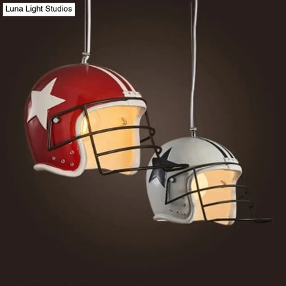 Industrial Soccer Helmet Pendant Light in Red/White for Restaurants